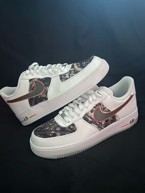 Nike camo customs White Leather Low-Top Sneakers and Orange-Trim Swoosh